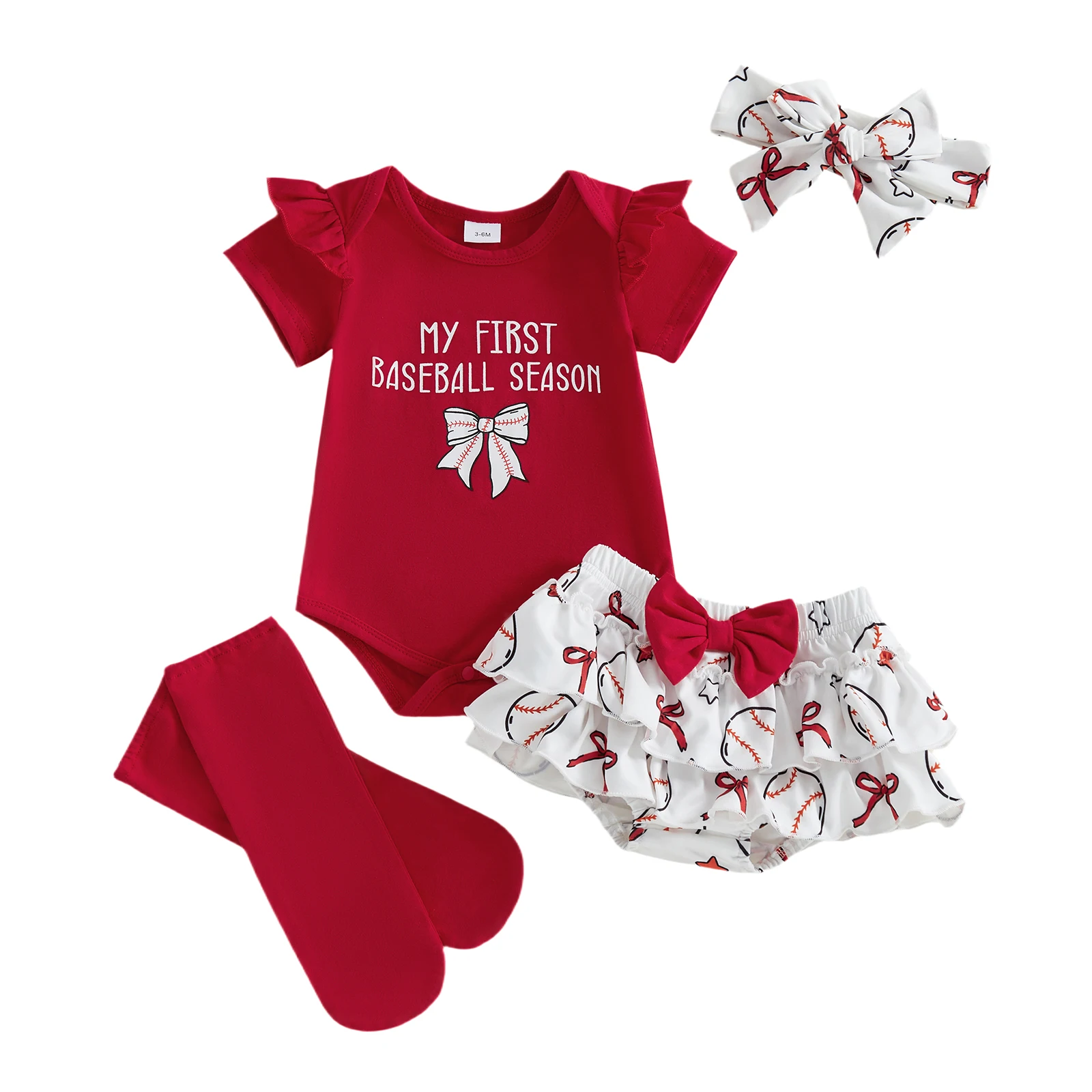 

Очаровательные летние наряды для маленьких девочек с милым принтом в виде букв, бантом, комбинезоном с круглым вырезом, шортами с рюшами, повязкой на голову и носочками - 4 предмета.