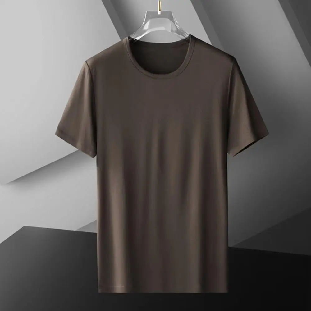 Men Summer T-shirt Round Neck Short Sleeves Solid Color Stretchy Thin Quick Dry Simple Style Casual Daily Wear Sport Top 90