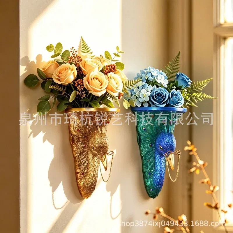 Modern Luxury Peacock Wall Hanging Resin Flower Statue Creative Home Decor for Living Room Bedroom Simple Ornament Art