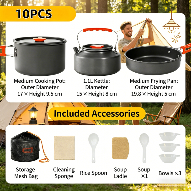  10pcs Ultralight Aluminum Camping Cookware Set Outdoor Cooking Pot Kettle Portable Travel Tableware Storage Bag 
