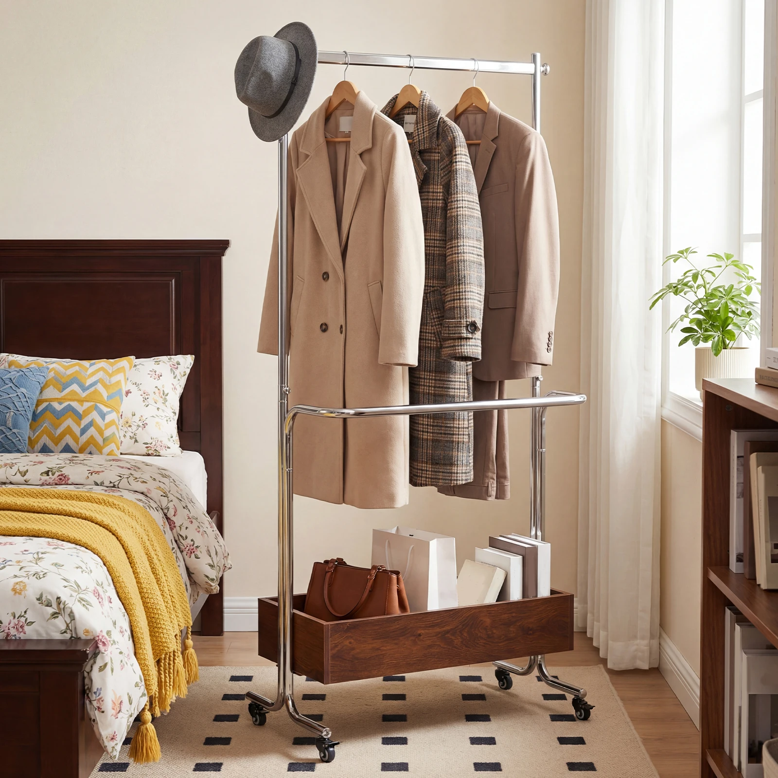 

Small Clothes Rack With Wooden Storage Box Portable Rolling Wardrobe Rack Double-pole for Hanging Clothes Garment Wallets Hats