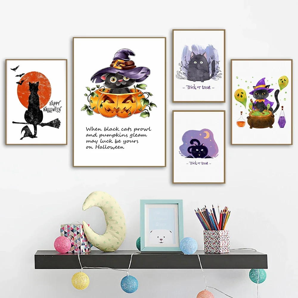 Moderne minimaliste, Art mural animal, joyeux Halloween, citrouille de sorcière, affiche imprimée sur toile HD, décoration de maison, salon, chambre à coucher