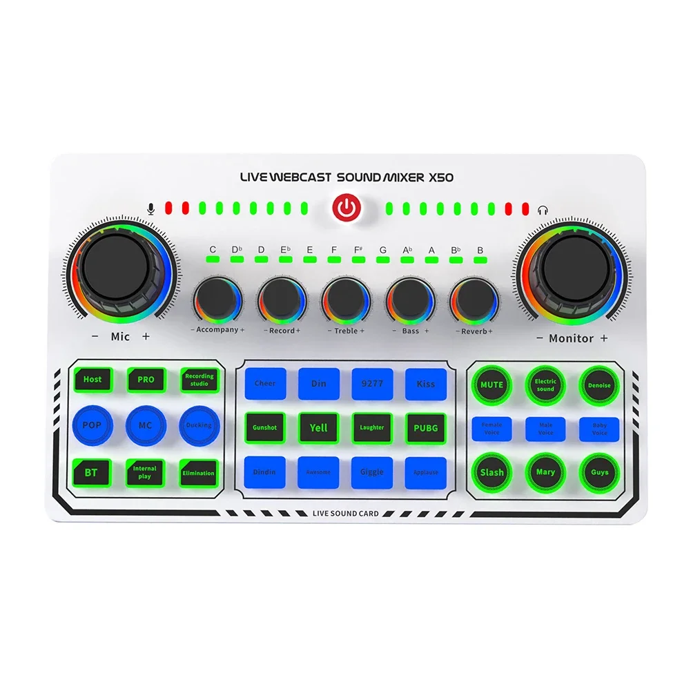 For X50 Sound Card RGB Wireless Bluetooth External DJ Mixer Sound Card 16 Effects Sound Mixer for Live Streaming Broadcasting