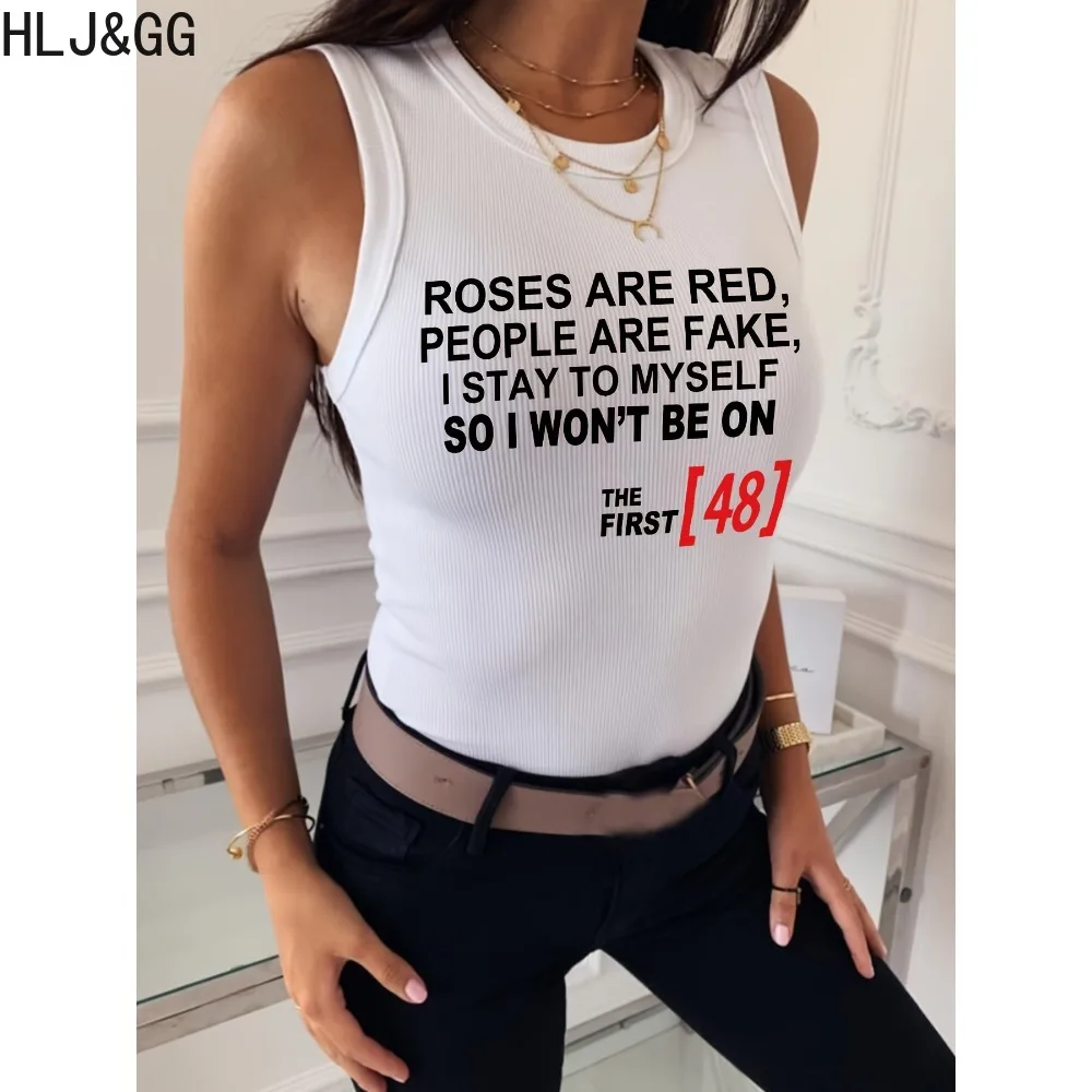 HLJ&GG Summer New Ribber Letter Print Slim Tank Tops Women Round Neck Sleeveless Matching Vests Fashion Female Sporty Streetwear