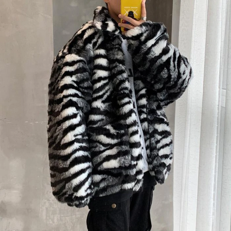 Streetwear Brand's Furry Leopard Print Winter Jacket with Hip-Hop Loose Fit - Ideal for Fashionable Couples  winter jacket men