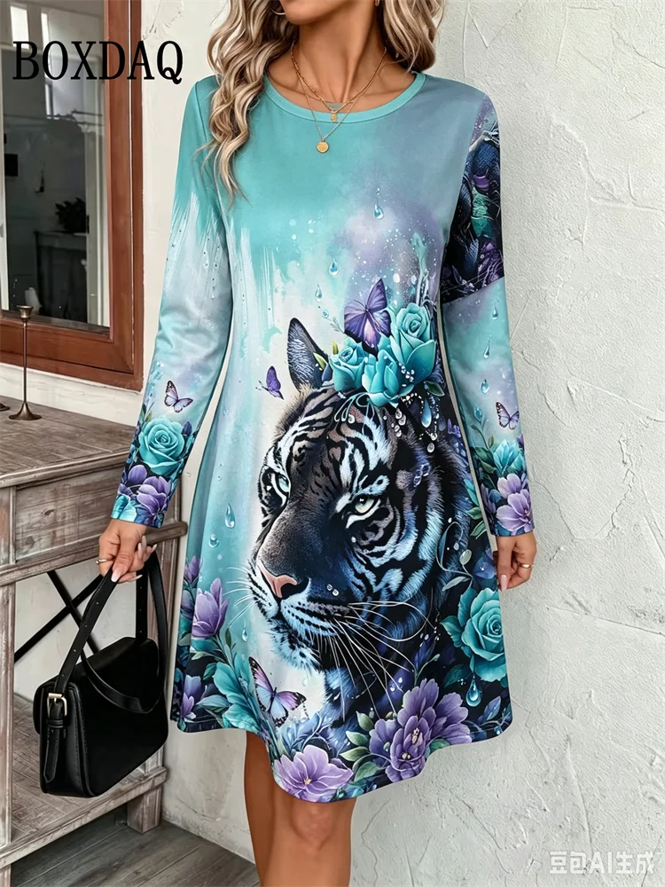 2026 Autumn Women's Dresses Fashion Casual Long Sleeve Dress Women O-Neck Tiger Pattern Floral Printed Loose A-Line Home Dress