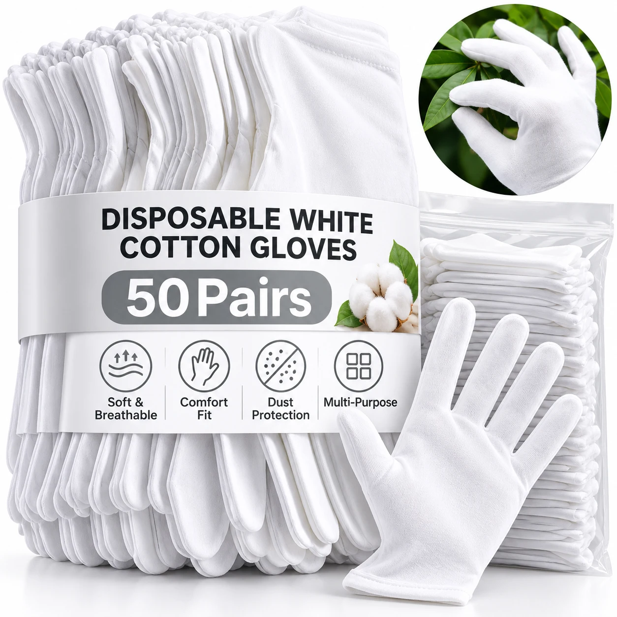 Disposable Stretchable White Cotton Work Gloves Jewelry Inspection Gloves Men Women Household Cleaning Work