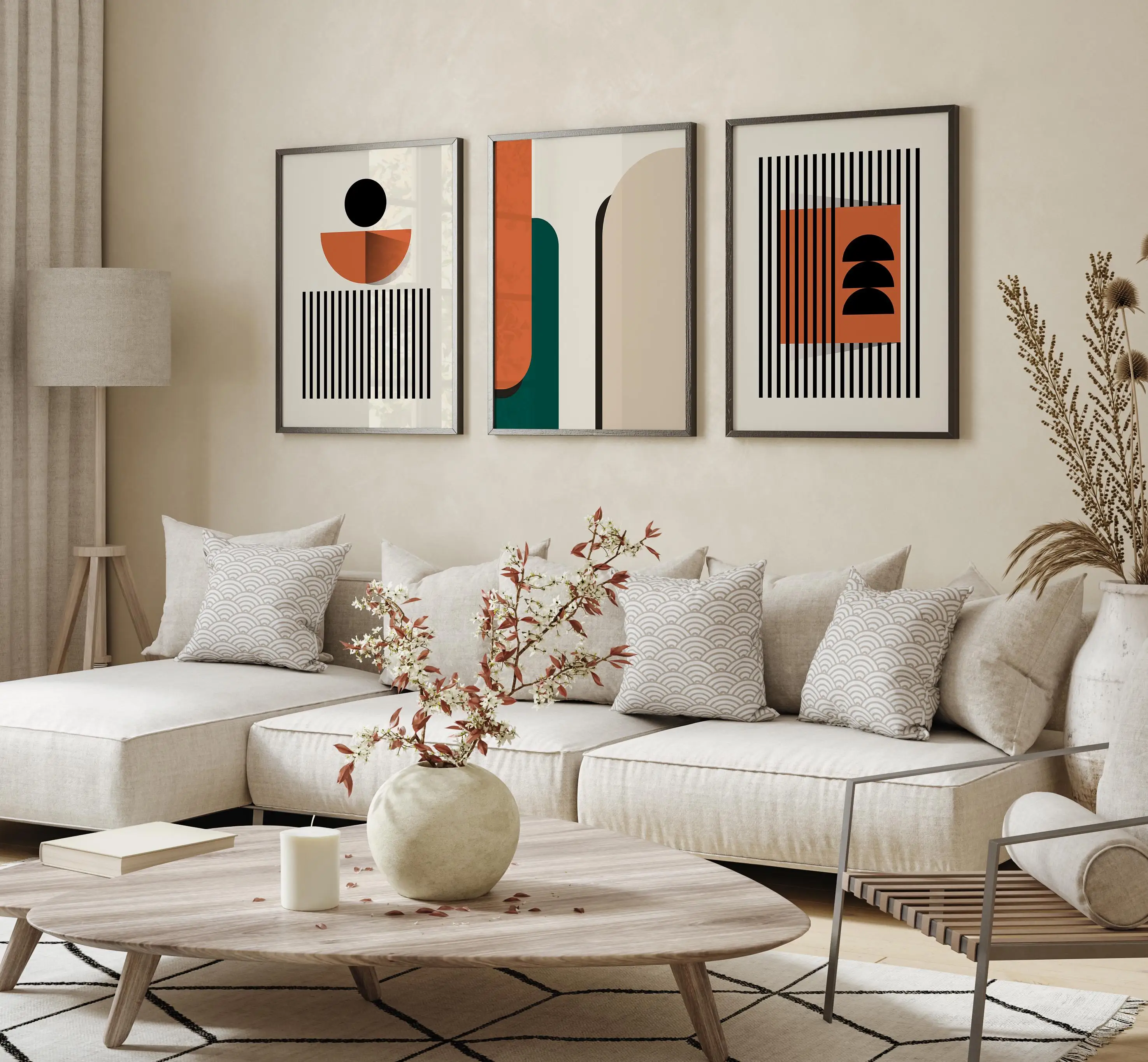 Minimalist Geometric Abstract Canvas Wall Art Poster Set 3 of – Mid-Century Modern Color Block Printing for Stylish Home Decor