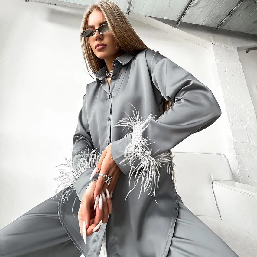 Elegant Sleepwear Pajama Pants Suit Woman 2022 Fashion Long Sleeve Feather Blouses Loose Long Pants 2 Piece Sets Womens Outfits