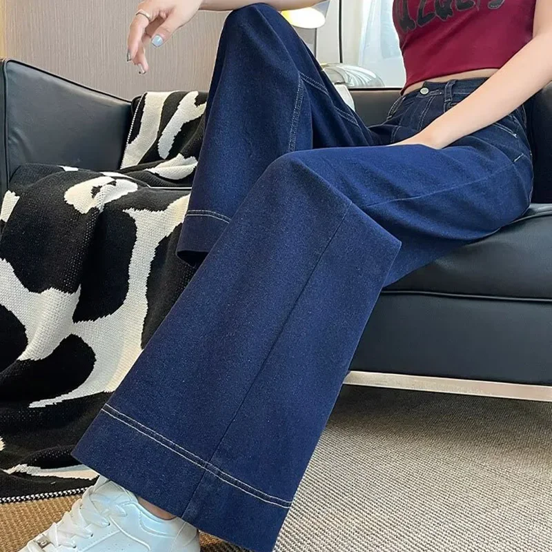Girls Fashion Korean Straight Casual Jeans Female Baggy High Waist Wide Leg Denim Pants Women Classic Wash Dark-blue Trousers