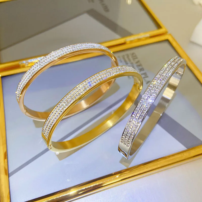 316L Stainless Steel Cuff Bracelet For Women Cubic Zirconia Bracelets & Bangles 3 Colors Choices