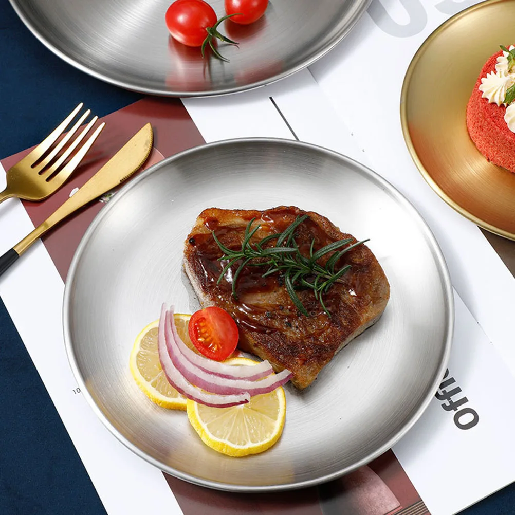 

2Pcs Stainless Steel Food Serving Plates Multi-Use Round Bbq Snack Trays Stable Flat Fruit Dish Portable