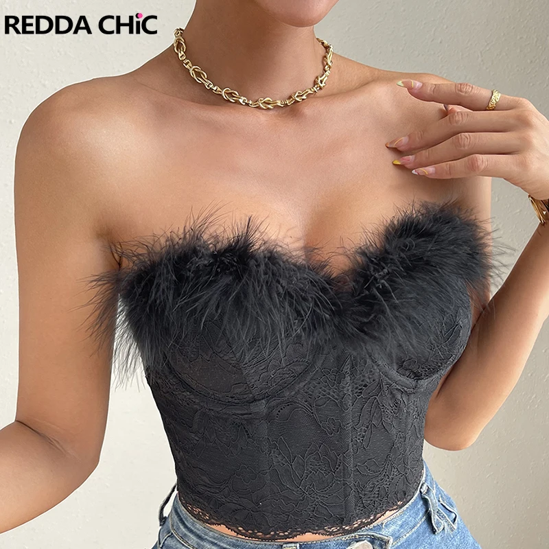 

REDDACHiC Furry Trim Boned Corset Top Women Vintage Black Lace Strapless Slim Fit Sexy Crop Top Summer Steampunk Gothic Clothes