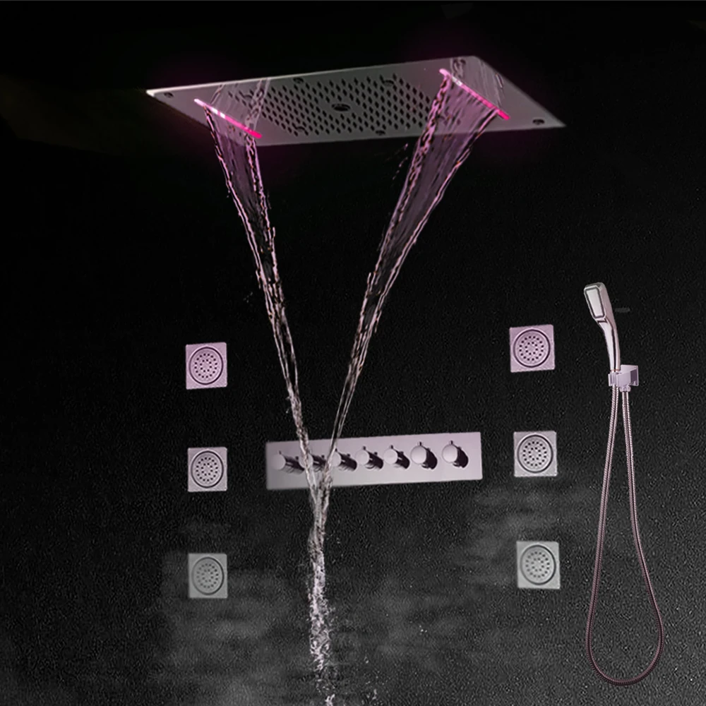 

LED Thermostatic Bathroom Shower System Ceiling Mounted Rainfall Shower Head with Remote Color Changing Massage Jets
