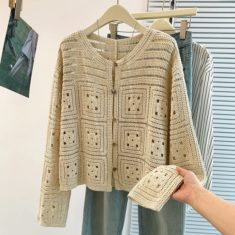 Spring Autumn 2026 Women's Large Size Knitted Hollow out Long Sleeve Top Lazy Style Base Layer Cover up Shirt Outerwear