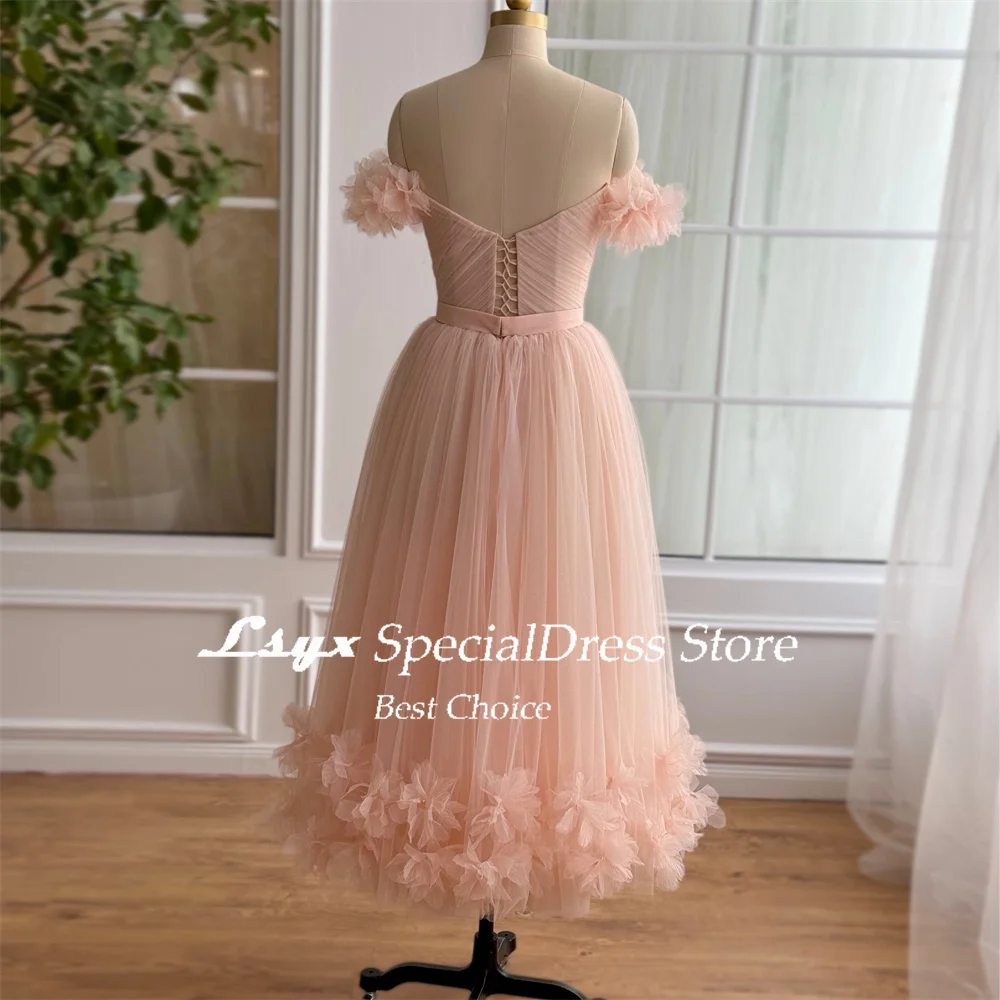 LSYX Off Shoulder Flowers Sweetheart Pastrol Evening Gown Tulle Tea-Length A-line Lace-up Back Prom Dress