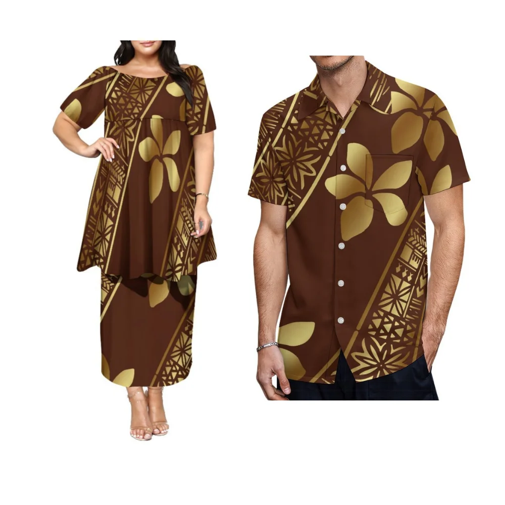 Robe Puletasi sans manches pour femmes, tenues de couple avec jupe double couche incluse. Chemise de dîner pour hommes personnalisable
