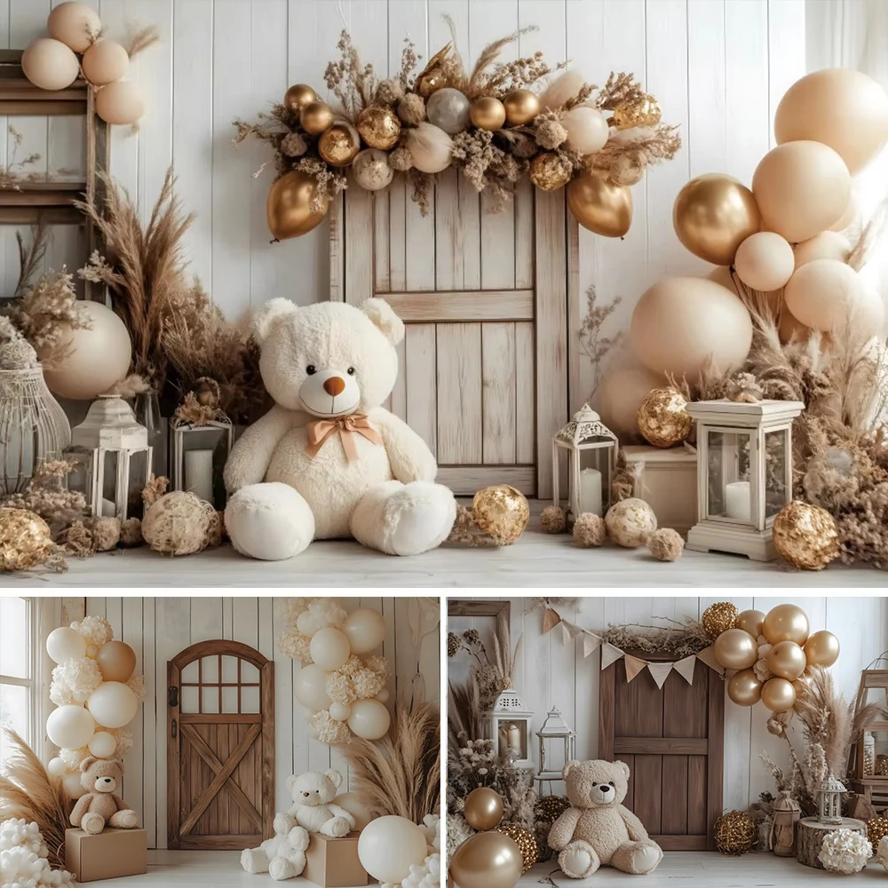 

Kids 1st Birthday Party Photography Background Little Bear Doll Wooden Wall Brown Balloon Baby Shower Cake Table Decor Backdrop