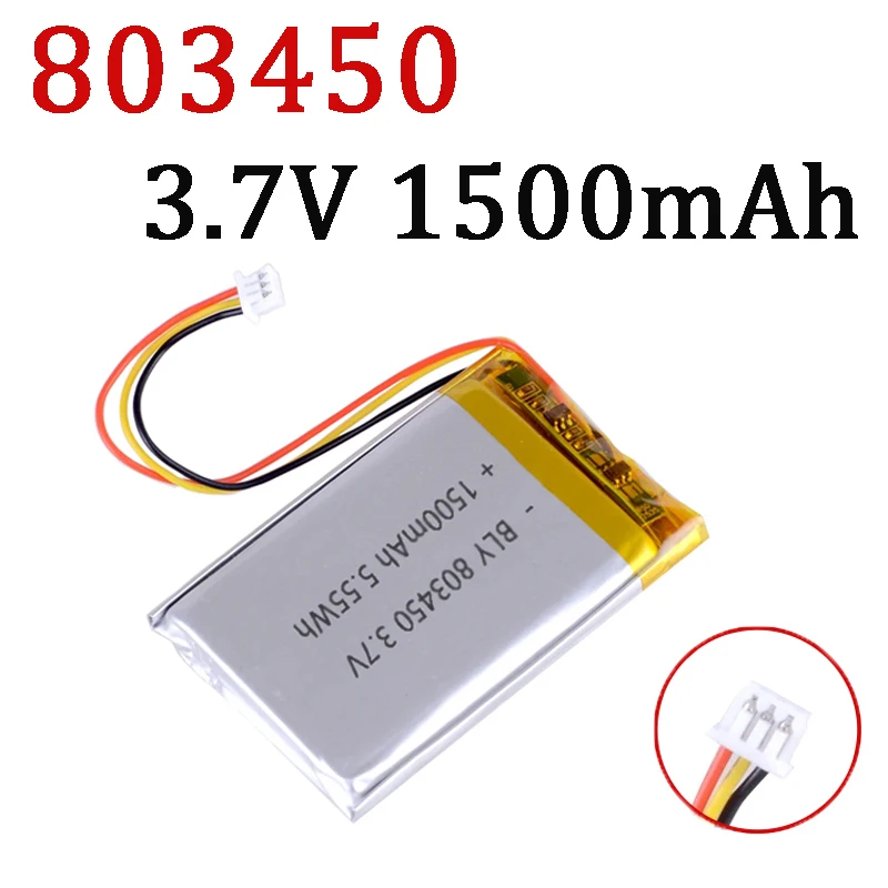 3.7V 1500mAh Li-Polymer LiPo Rechargeable Battery With JST PH 1.25mm 3pin Connector For MP3 DVD PAD Camera GPS Laptop 803450