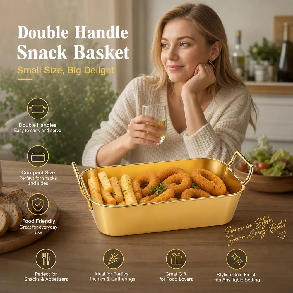 Serving Trays With Handle Korean Stainless Steel Plate Durable Silver and Gold Fried Food Trays Square Flat Dish Snack Basket