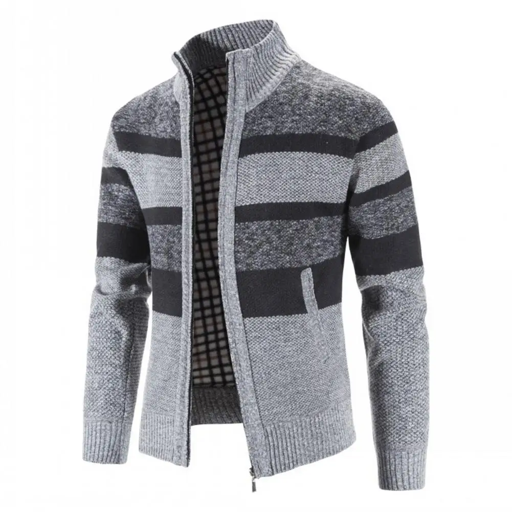 

2024 Winter Men Sweater Add Velvet Cardigan Patchwork Color Stand Collar Male Casual Zipper Knitted Thick Warm Sweatercoat