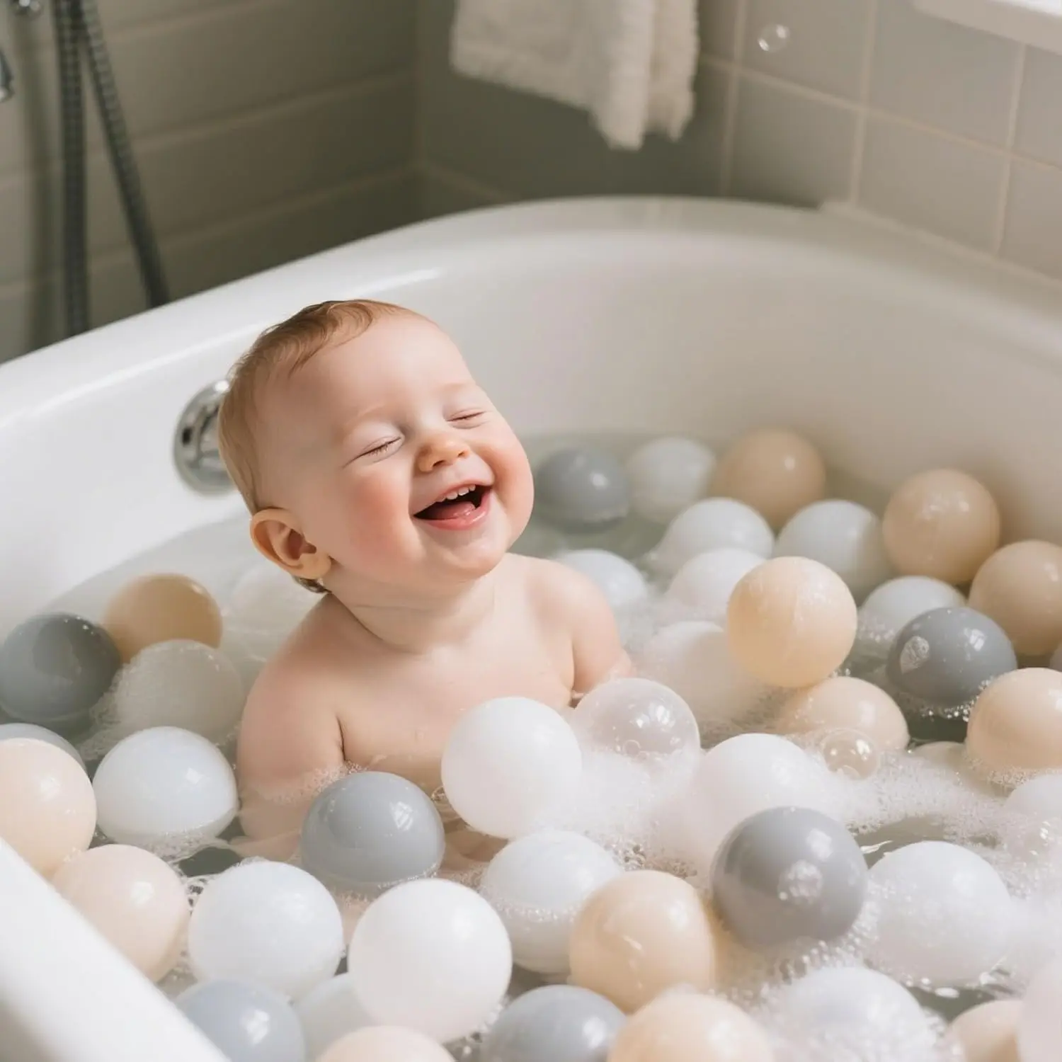 Bolas de plástico para niños pequeños, parque infantil, piscina, decoración de fiesta Pastel para bebés, color Beige, gris claro y blanco, 100 bolas