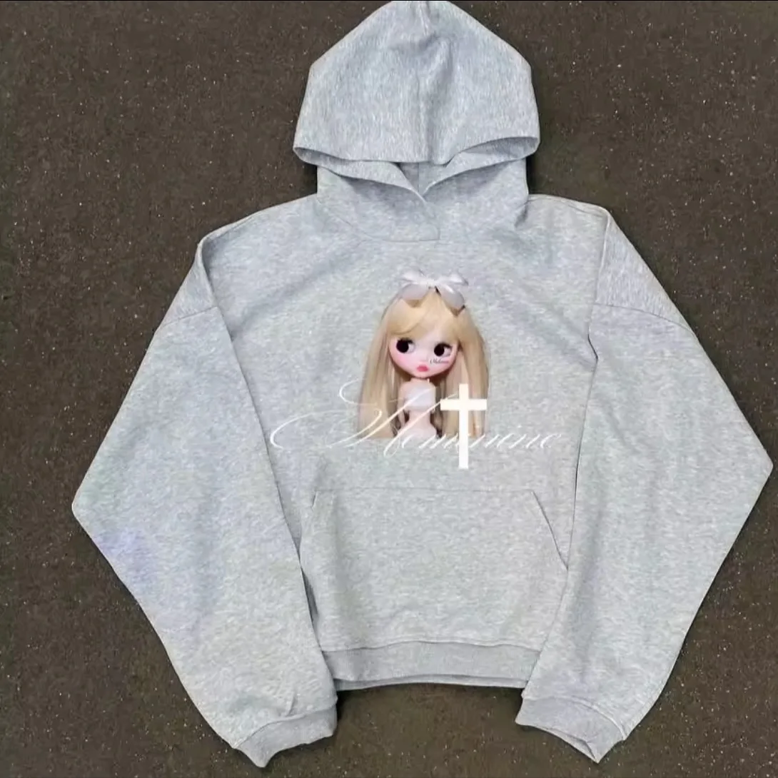 Y2K Gothic Hoodies3 Models Doll Pattern Hoodie Sweatshirt Street Casual Pullover Mens Womens Gray Oversized Pullover Sweatshirt