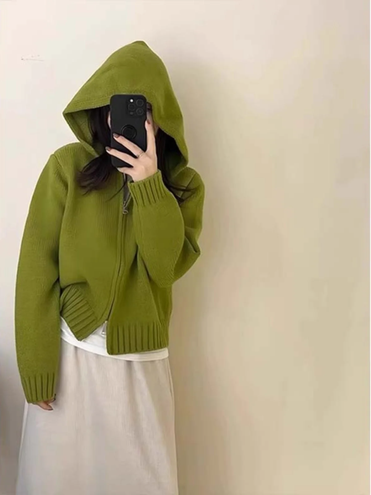 

Корейский вязаный кардиган с капюшоном и двойной молнией для женщин, осенне-зимний универсальный модный топ