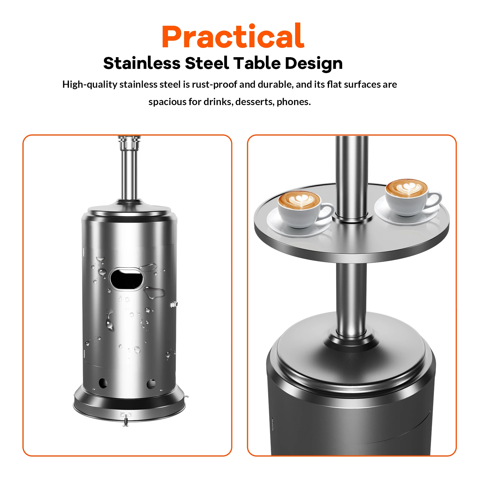 48,000 BTU Stainless Steel Propane Outdoor Patio Heater with Wheels, Round Table Top & Triple Safety Protection – Portable for Deck, Garden & Commercial Use
