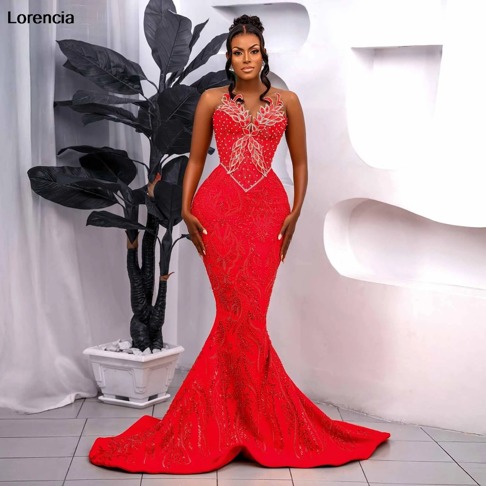 

Lorencia Customized African Luxury Beaded Lace Prom Dress Beading Aso Ebi Wedding Reception Dress Black Women Party Gown YPD210