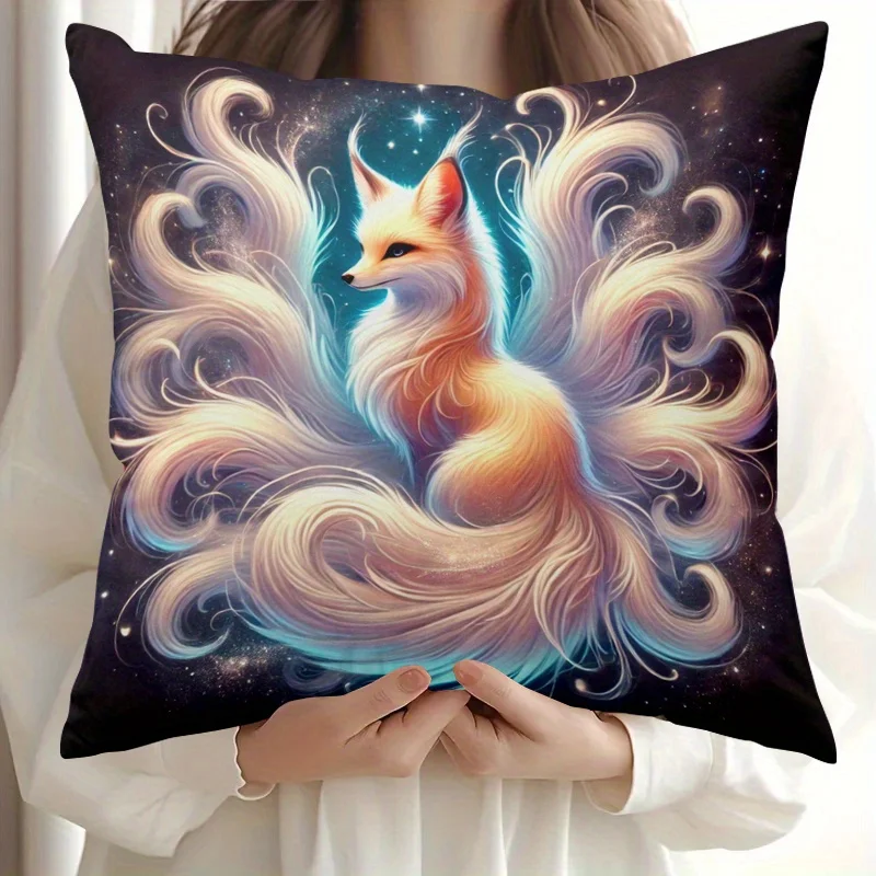Fantasy Nine-Tailed Fox Pillowcase, Mystical Animal Cushion Cover Galaxy Starry Print Cute Mythical Creature Decor, Home Textile