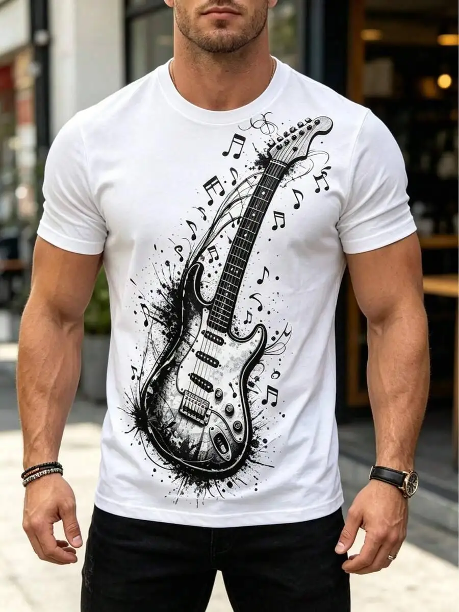 Men's Polyester Round Neck T-Shirt With Guitar Print Design, Casual Wear, White Color, Durable Comfortable, Suitable For Home,  100% Cotton Trendy Y2K Short-Sleeve Tee-Soft, Quick-Drying, Moisture-Wicking, Great Gift for Christmas or Halloween.