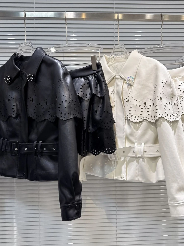 French Elegant Two Piece Set Women Waist Belt Short Hollow Out Faux Leather Jacket + Layered Skirt Winter Sweet Casual Outfit