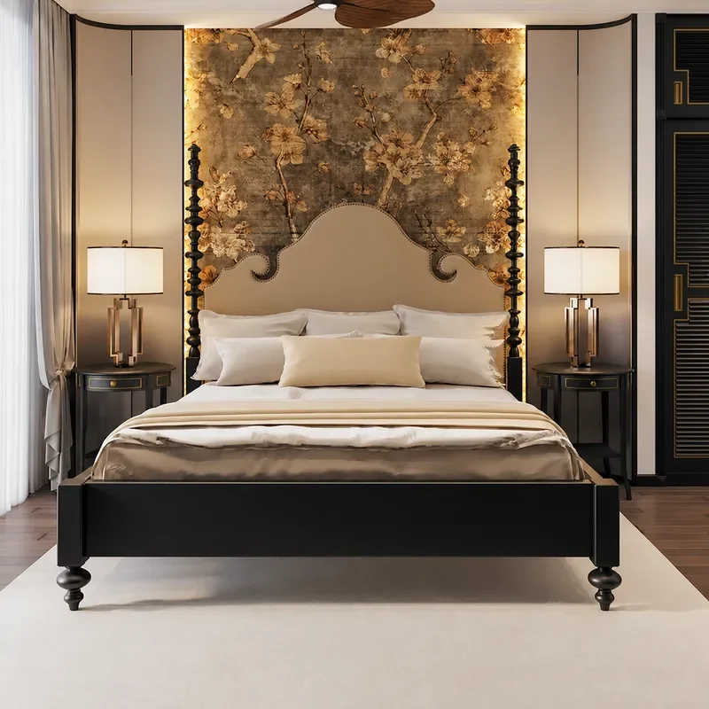 Retro Solid Wood Bed Black Modern Simple Soft Master Bedroom 1.8m American Light Luxury Medium Ancient Double Bed