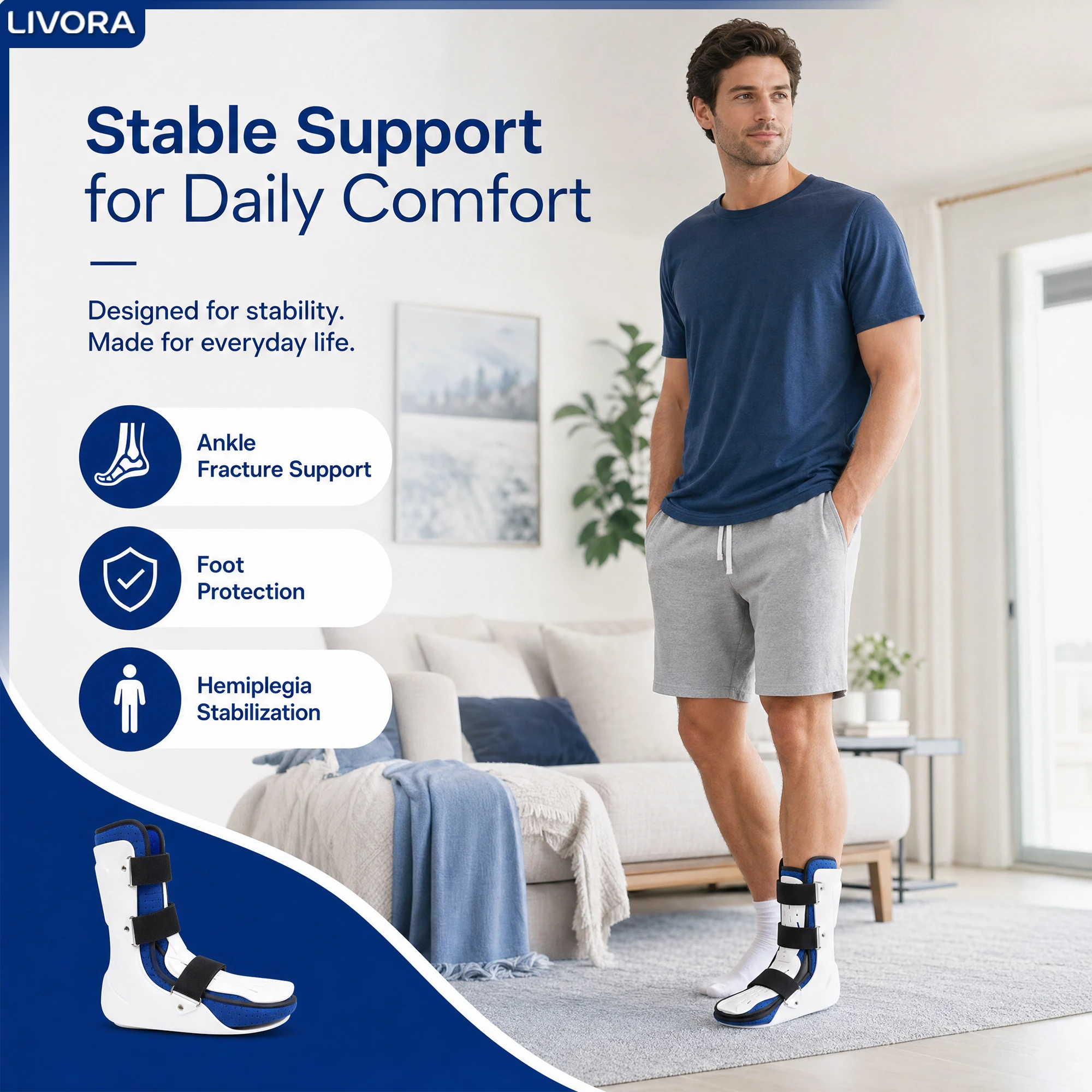 Ensemble de supports de pied avec attelle réglable et protège-jambes pour la douche, favorise une marche stable, utilisation quotidienne pratique