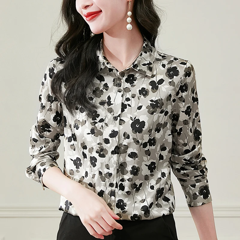 

19Momme Real Silk Women's Satin Shirt Elegant Shirts for Women Long Sleeve Casual Blouses Floral Print Woman Buttons Blouse Tops