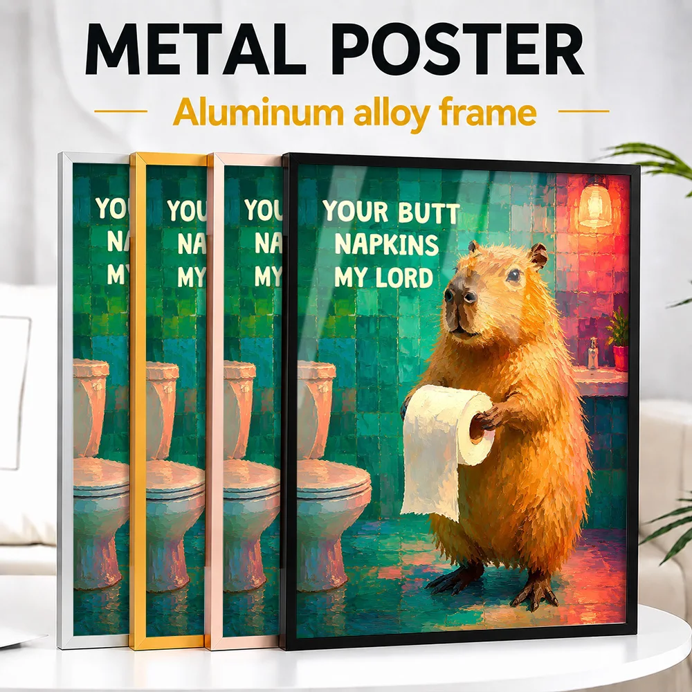 Funny Capybara Toilet Paper Framed Aluminum Metal Poster Personalized Painting Style Wall Art For Powder Room Above Washbasin