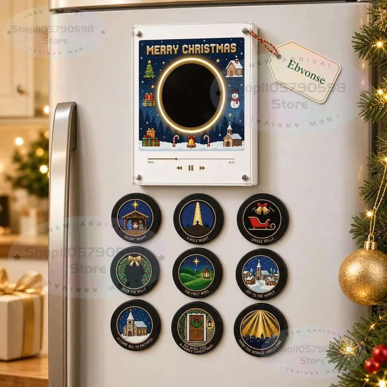 Christmas NFC Magnetic Vinyl Record Player Ambient Night Light Acrylic Music Player with 9 Replaceable Discs Fridge Ornament