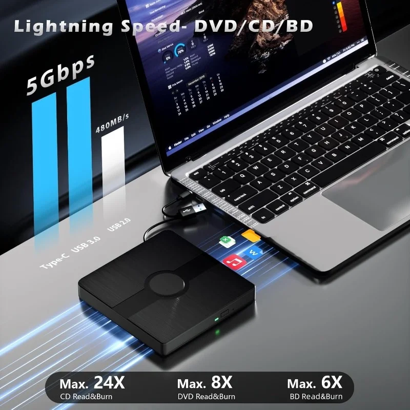 2 in 1 USB 3.0 External Blu Ray Drive Portable BD CD DVD Player Burner Writer and Reader Compatible for Windows 11 10 8 7 MacOS