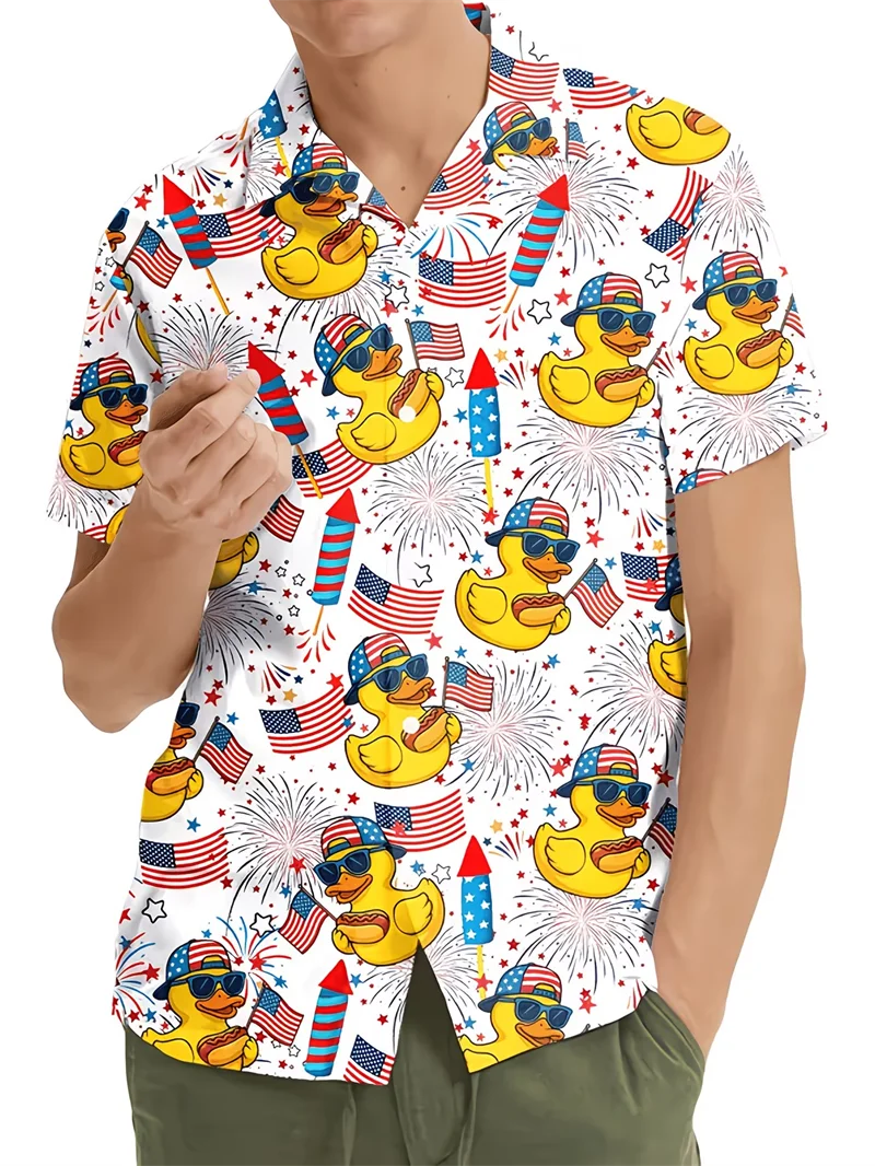 Personalized USA Independence Day Men's Shirts Cute Rubber Duck American Flag Print Vacation Hawaiian Casual Tops Clothing