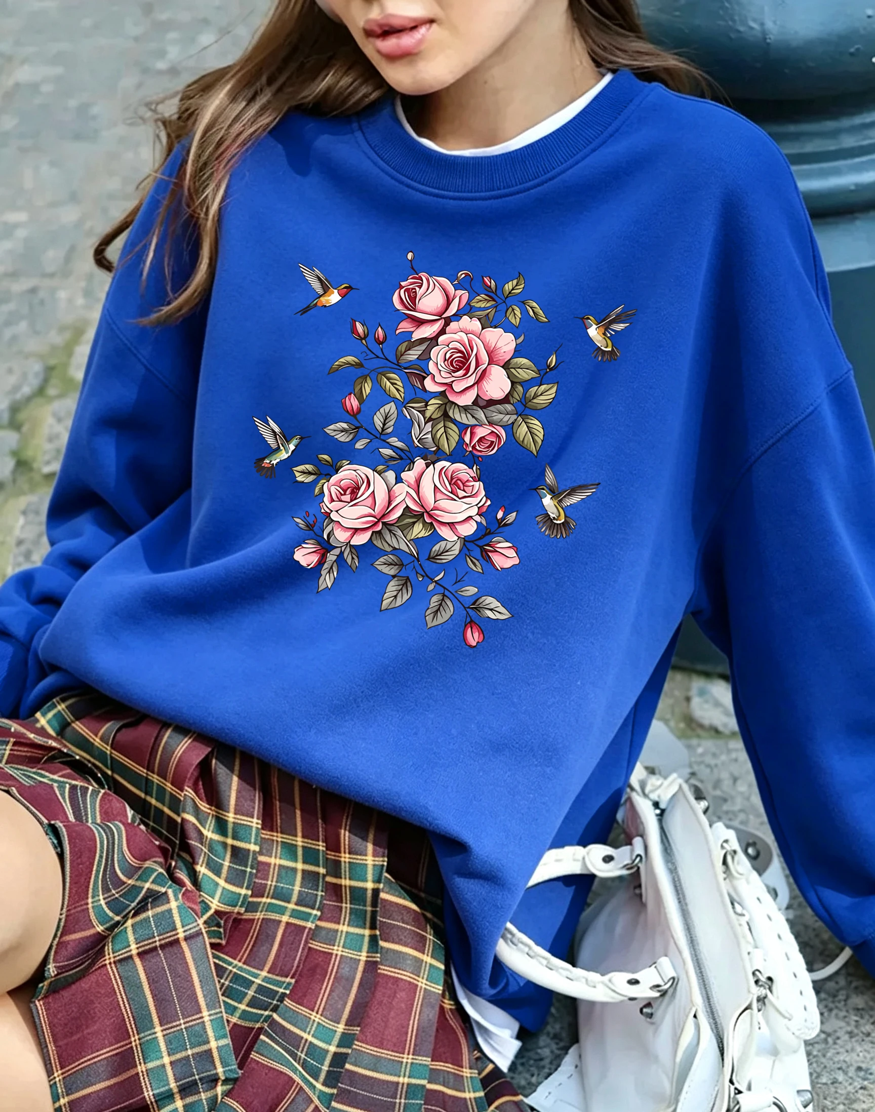 Rosa Rosen-Kolibri-Blumenmuster, Damen-Pullover mit Rundhalsausschnitt, Y2K-Sport-Sweatshirt, Herbst, lockere Kleidung, Fleece, Jogging, Streetwear – Detail 9