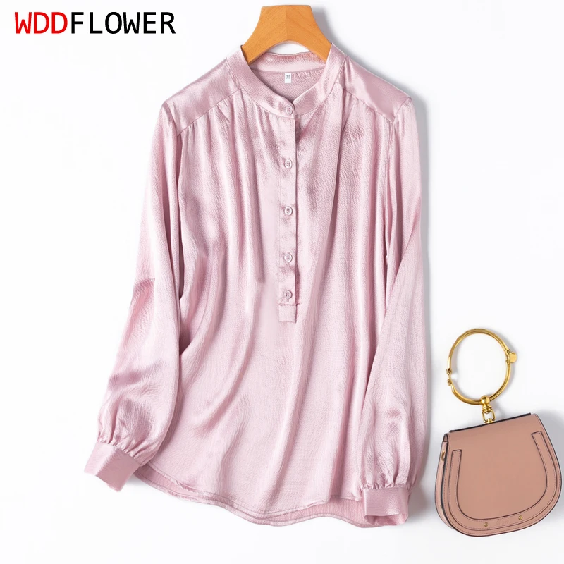

Women Silk Shirt 100% Mulberry Silk Pearl Silk Pink Color Buttons-Neck Long Sleeve Blouse Pullover Top Shirt Office Lady M1370