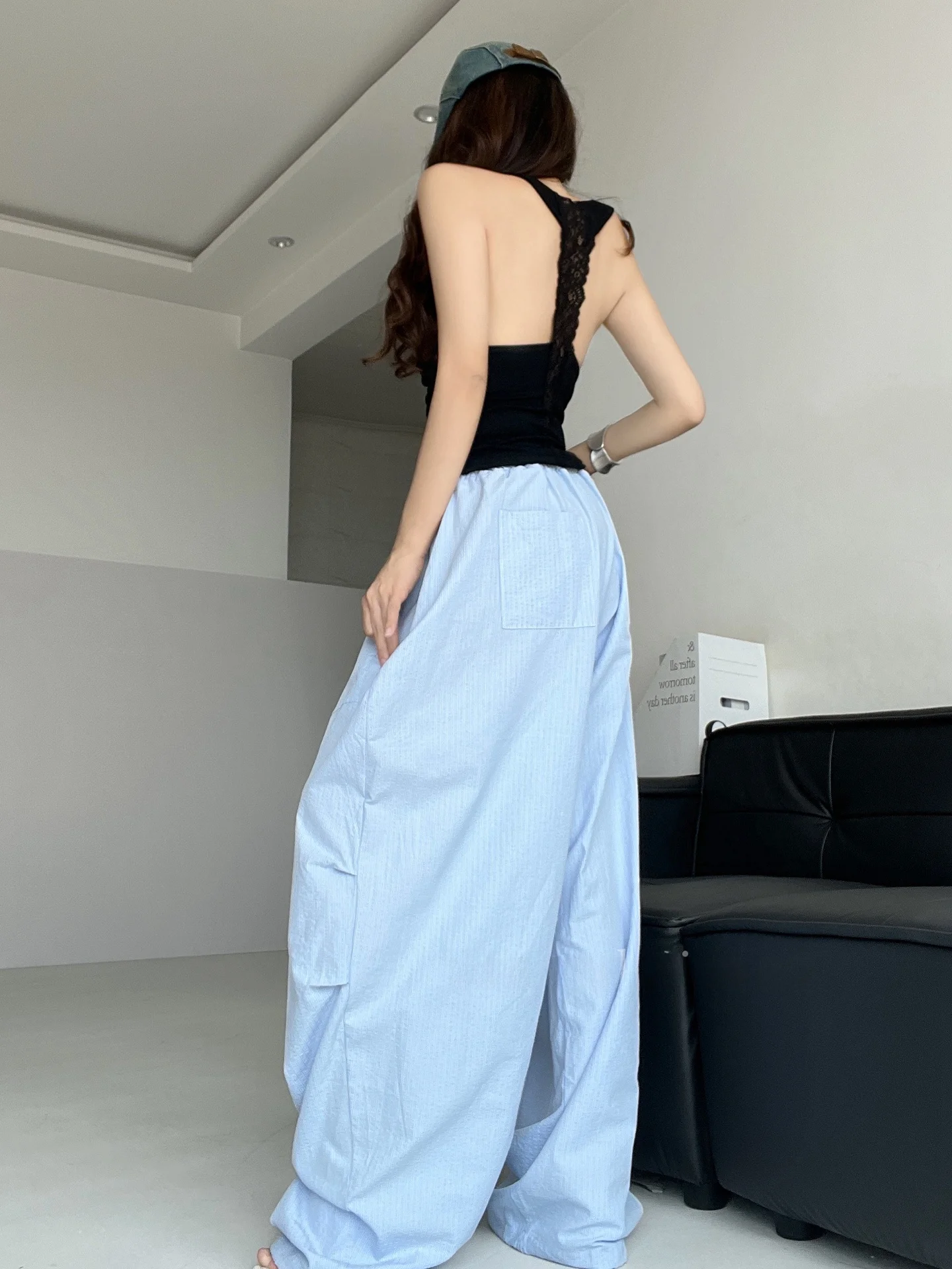 Pantalon amincissant à jambes larges, rayé rose, ample, vêtements de travail pour danse de rue, paresseux, décontracté, taille basse, taille élastique