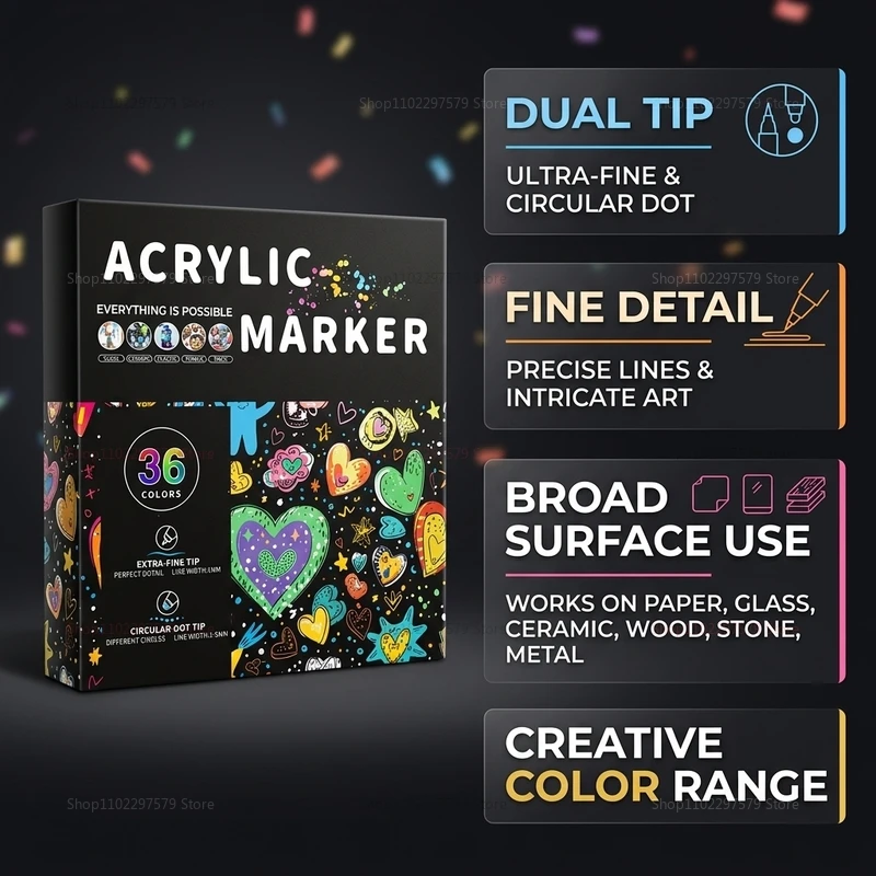 Professional 36 Color Acrylic Paint Markers Dual Tip Fine and Broad for Calligraphy Crafting Surface Painting Art Supplies
