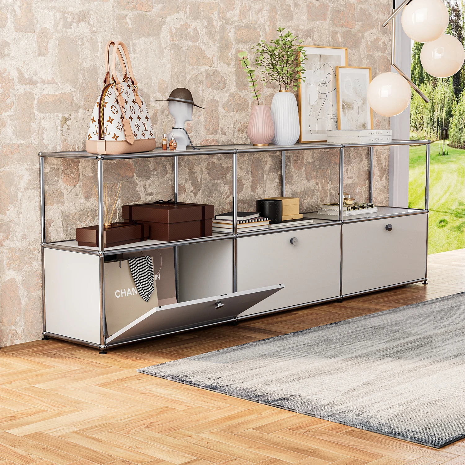 Aparador de armario de almacenamiento, estante de almacenamiento, mueble Modular, tablero de Metal de acero inoxidable, armario de sala de estar, sin llaves