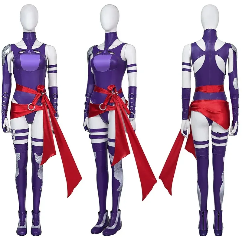 

Фиолетовый костюм для косплея Psylocke, женские костюмы с заклепками, кожаное боди на Хэллоуин, наряд для ролевых игр, индивидуальный заказ sf/1