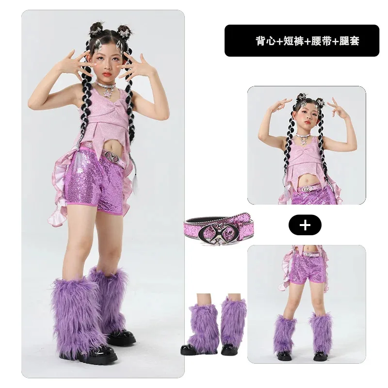 Kids Stage Catwalk Outfit Girls Hip Hop Clothing Ruffled Top Sequins Shorts Jazz Costumes Kpop Wear Street Dancewear 4-14Y
