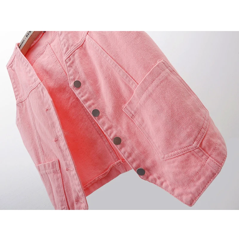 Chalecos de mezclilla rosa para mujer, ropa de abrigo informal corta, delgada, cuello en V coreano, chaleco vaquero con Bolsillo grande, moda de primavera y verano