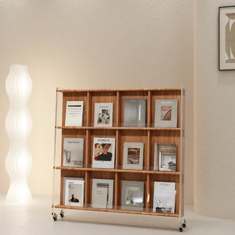 Magazine Rack Movable Solid Wood Book Storage Rack Living Room Household Alec Newspaper Rack Shelf