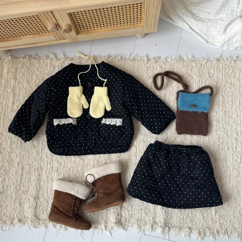 

2025 Winter New Children Warm Clothes Set Girls Dot Lace Cotton Padded Jacket + Skirts 2pcs Suit Plus Velvet Thick Kids Outfits